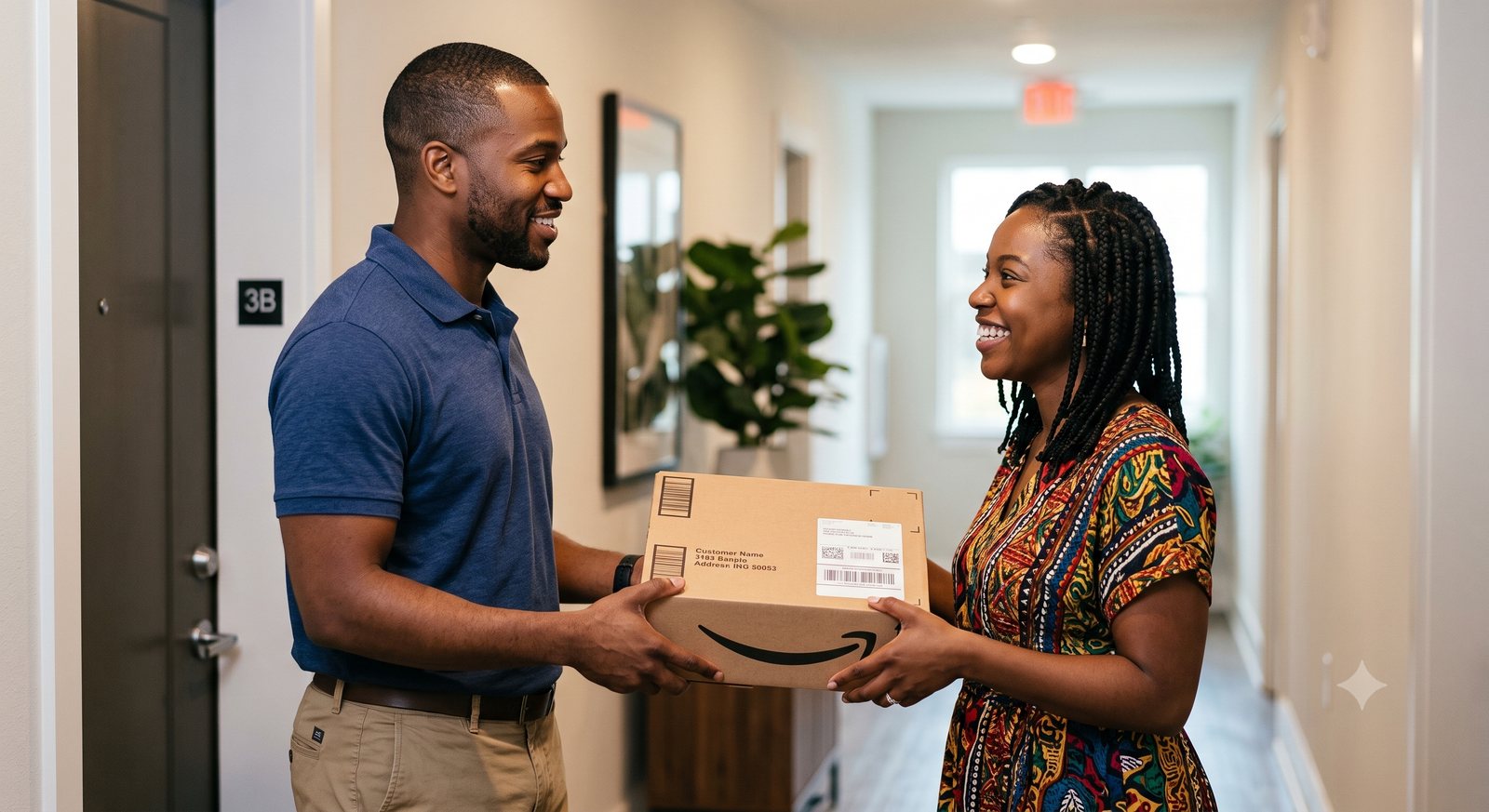 A JT&L courier handing a package to a customer at her door